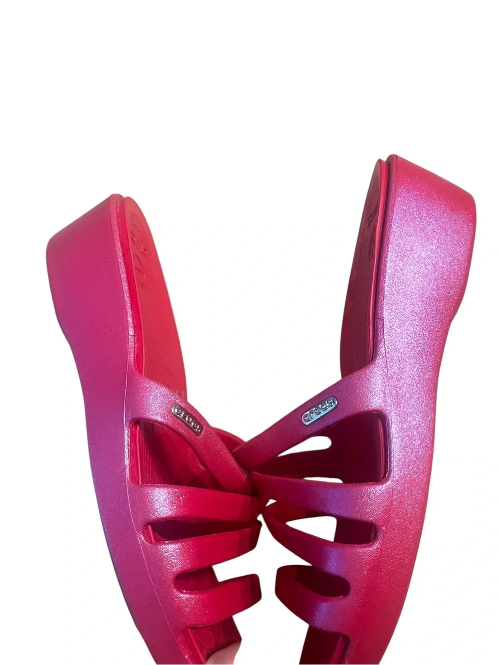 CROCS Rhonda Shimmery Hot Pink Multi-Strap Slide Sandals Sz 10